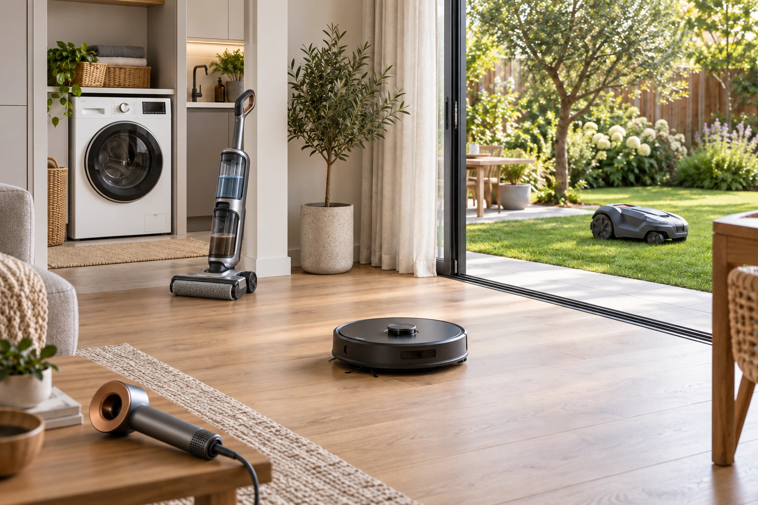 Minh họa thiết bị gia dụng với máy giặt, máy rửa sàn và robot vệ sinh trong môi trường gia đình