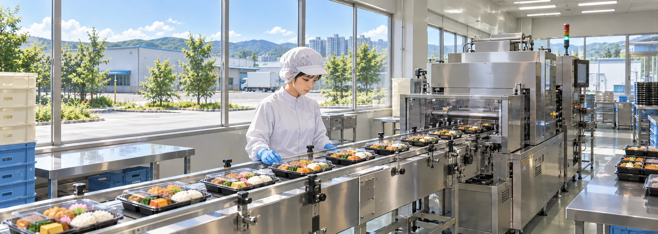 Minh họa thiết bị vận chuyển và đóng gói thực phẩm trong môi trường công nghiệp Tiếng Việt