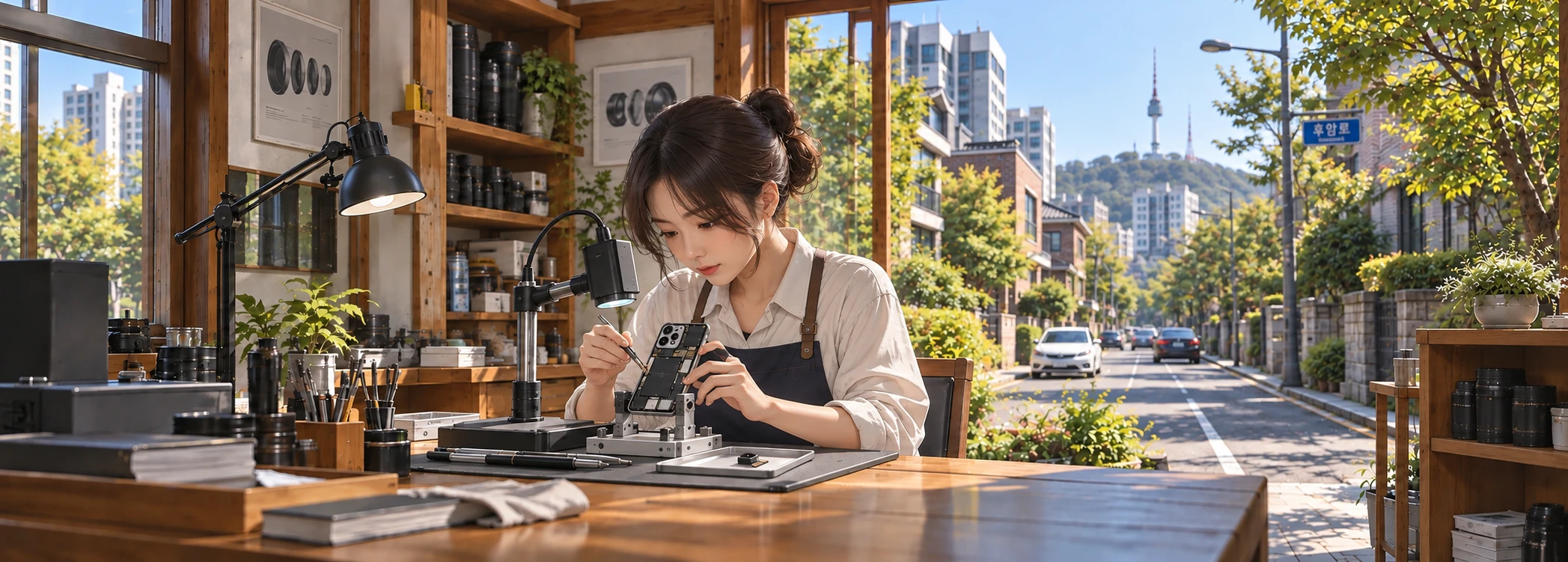 Minh họa kiểm tra mô-đun camera điện thoại thông minh với phông nền đường phố Hà Nội