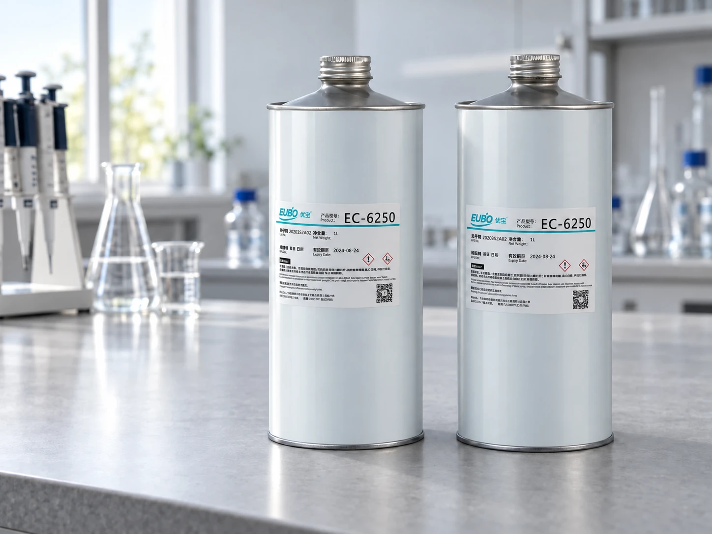 Minh họa cảnh sản phẩm của lon EUBO EC-6250 màu xám nhạt mịn trên bàn thí nghiệm